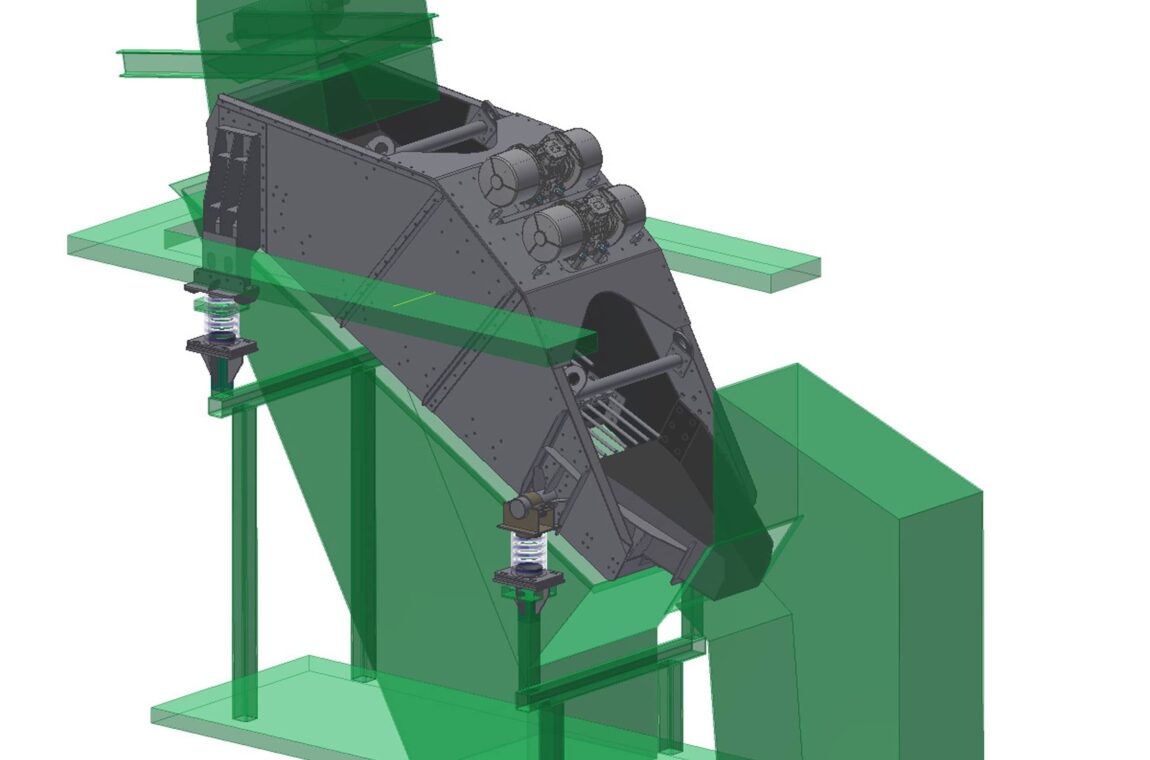 3D-ansicht Linearschwing-Siebmaschine HR 14_40_I F. Man sieht eine Einbausituation in eine Anlage.
